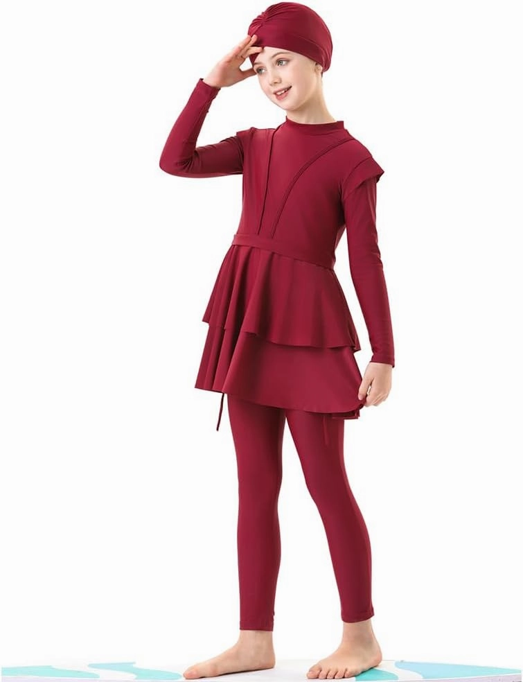 ODIZLI Kids Girls' Rash Guard Sets Islamic Hijab Swimwear Muslim Modest Long Sleeves Shorts Pants Beachwear Hoodie Hat 2 PCS