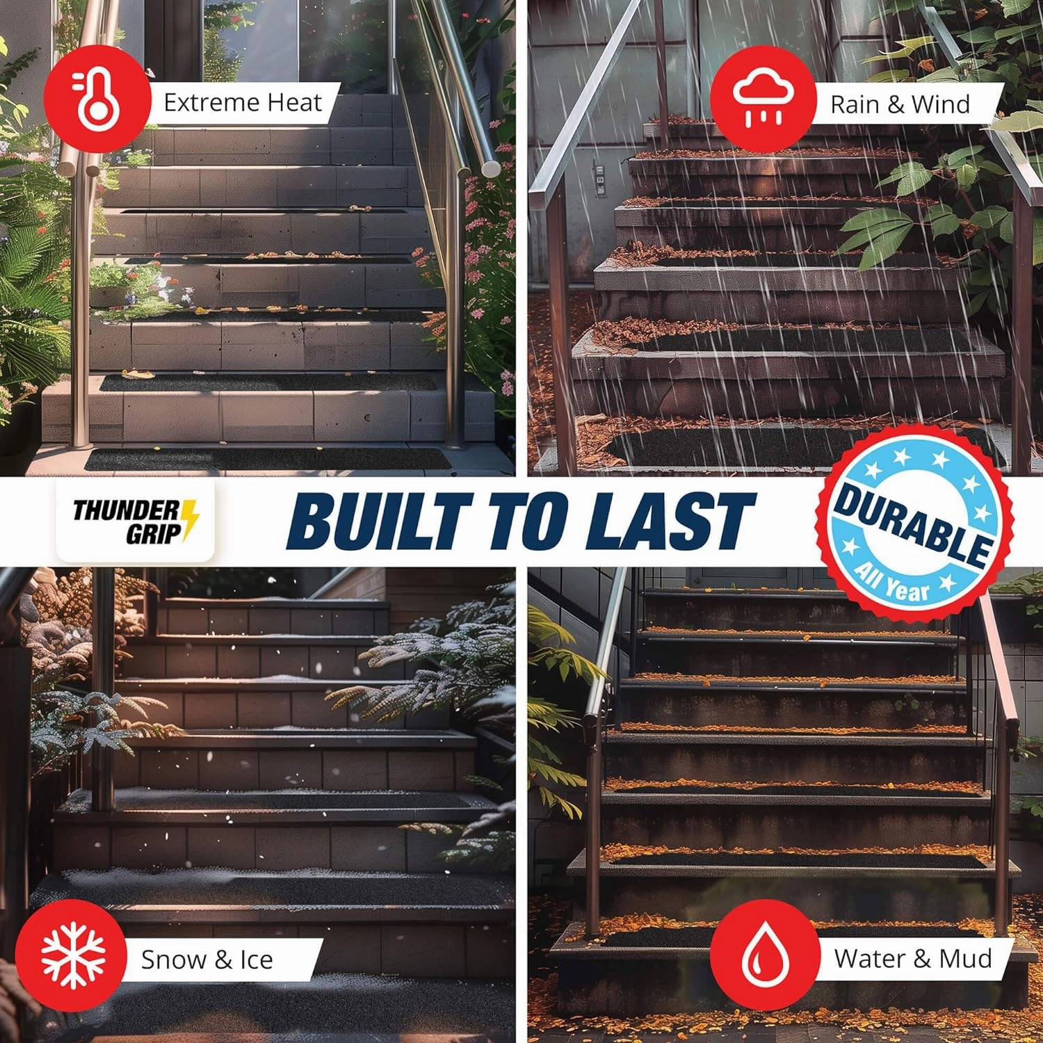 Outdoor Stair Treads Non Slip 30" x 6" - 12-Pack Weather Resistant Exterior Grip Tape for Wooden Steps - Non Slip Stair Treads - Anti Skid Strips - Waterproof 80-Grit Adhesive Treads by Thunder Grip