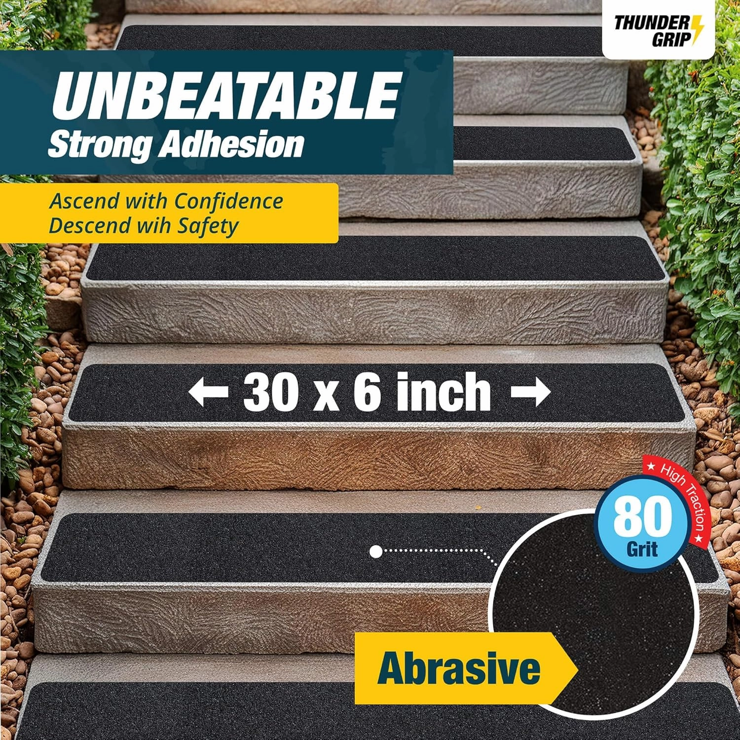 Outdoor Stair Treads Non Slip 30" x 6" - 12-Pack Weather Resistant Exterior Grip Tape for Wooden Steps - Non Slip Stair Treads - Anti Skid Strips - Waterproof 80-Grit Adhesive Treads by Thunder Grip