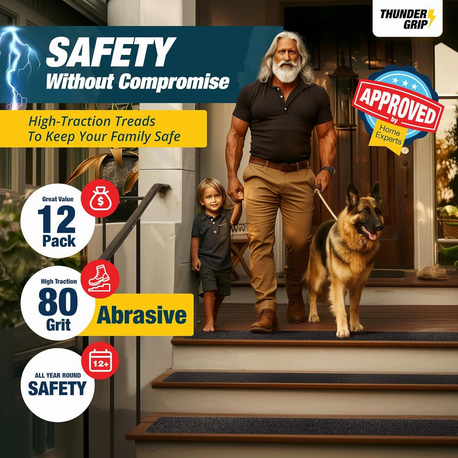 Outdoor Stair Treads Non Slip 30" x 6" - 12-Pack Weather Resistant Exterior Grip Tape for Wooden Steps - Non Slip Stair Treads - Anti Skid Strips - Waterproof 80-Grit Adhesive Treads by Thunder Grip