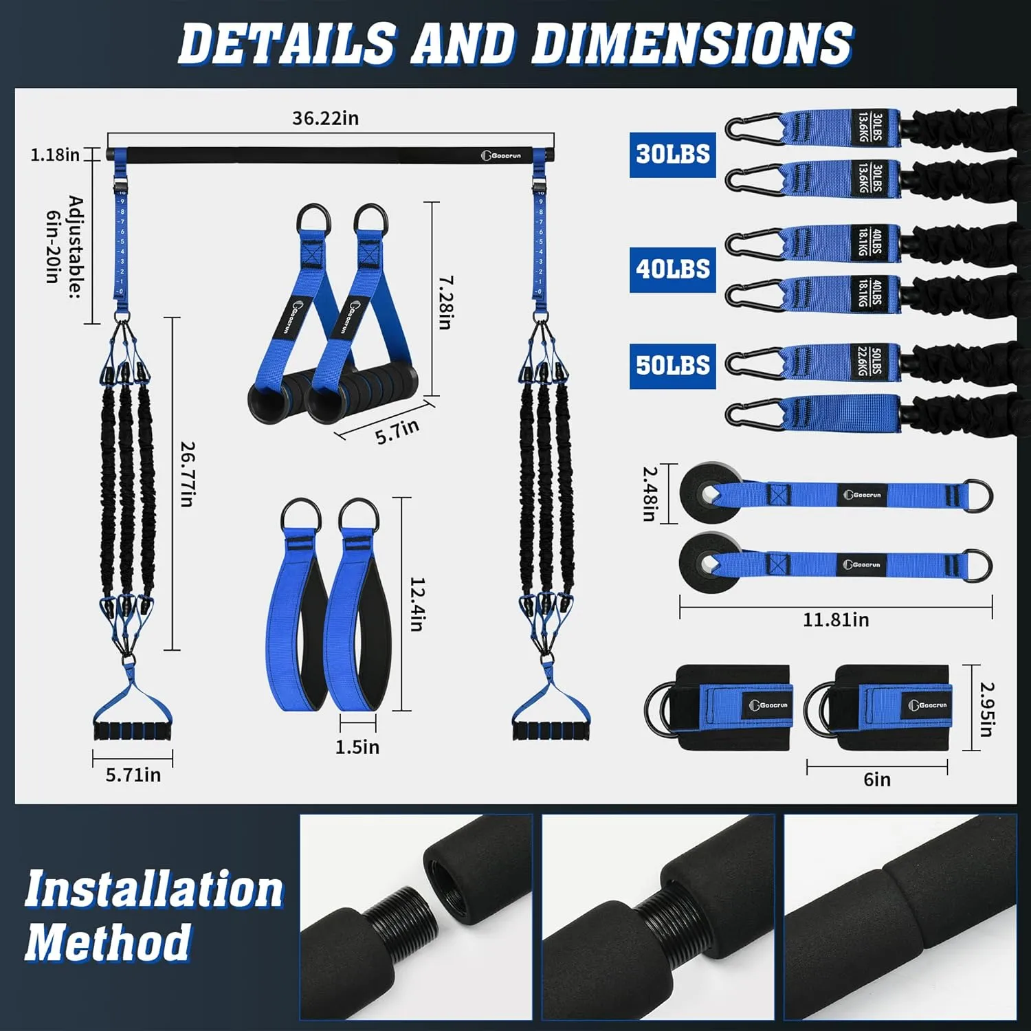 Portable Pilates Bar Kit with Resistance Bands for Men and Women - 3 Set Exercise Resistance Bands - Multifunctional Home Gym - Supports Full-Body Workouts – with Fitness Poster and Video