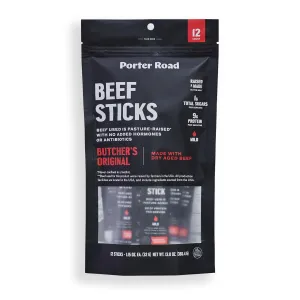 Porter Road Beef Sticks - Butcher's Original Meat Sticks - Dry Aged Beef Jerky Sticks Meat Snack, Pasture Raised In USA, Hormone Free, No Antibiotics, Keto, Paleo, Gluten Free, 9g Lean Protein - 12 Pack
