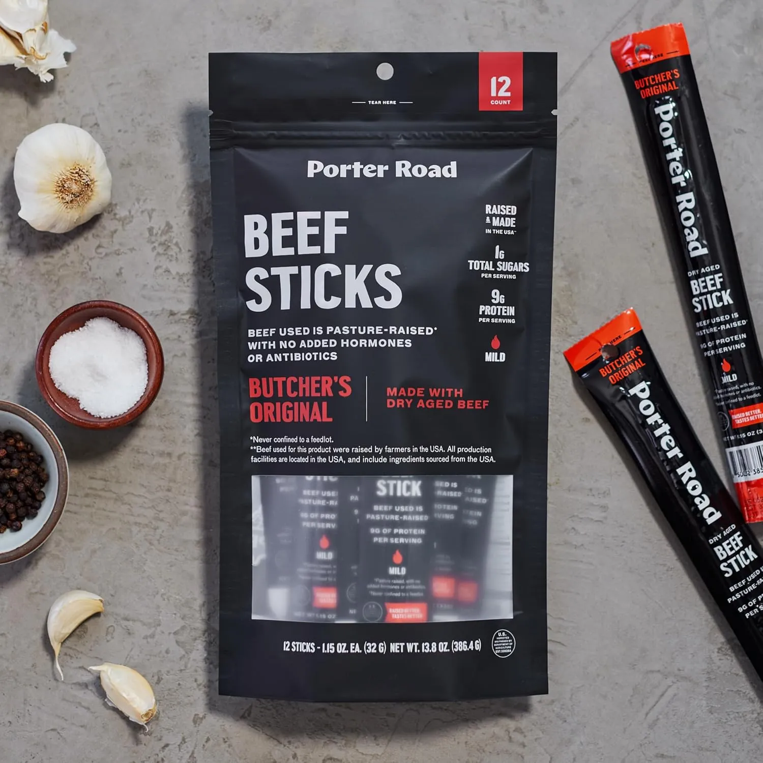 Porter Road Beef Sticks - Butcher's Original Meat Sticks - Dry Aged Beef Jerky Sticks Meat Snack, Pasture Raised In USA, Hormone Free, No Antibiotics, Keto, Paleo, Gluten Free, 9g Lean Protein - 12 Pack