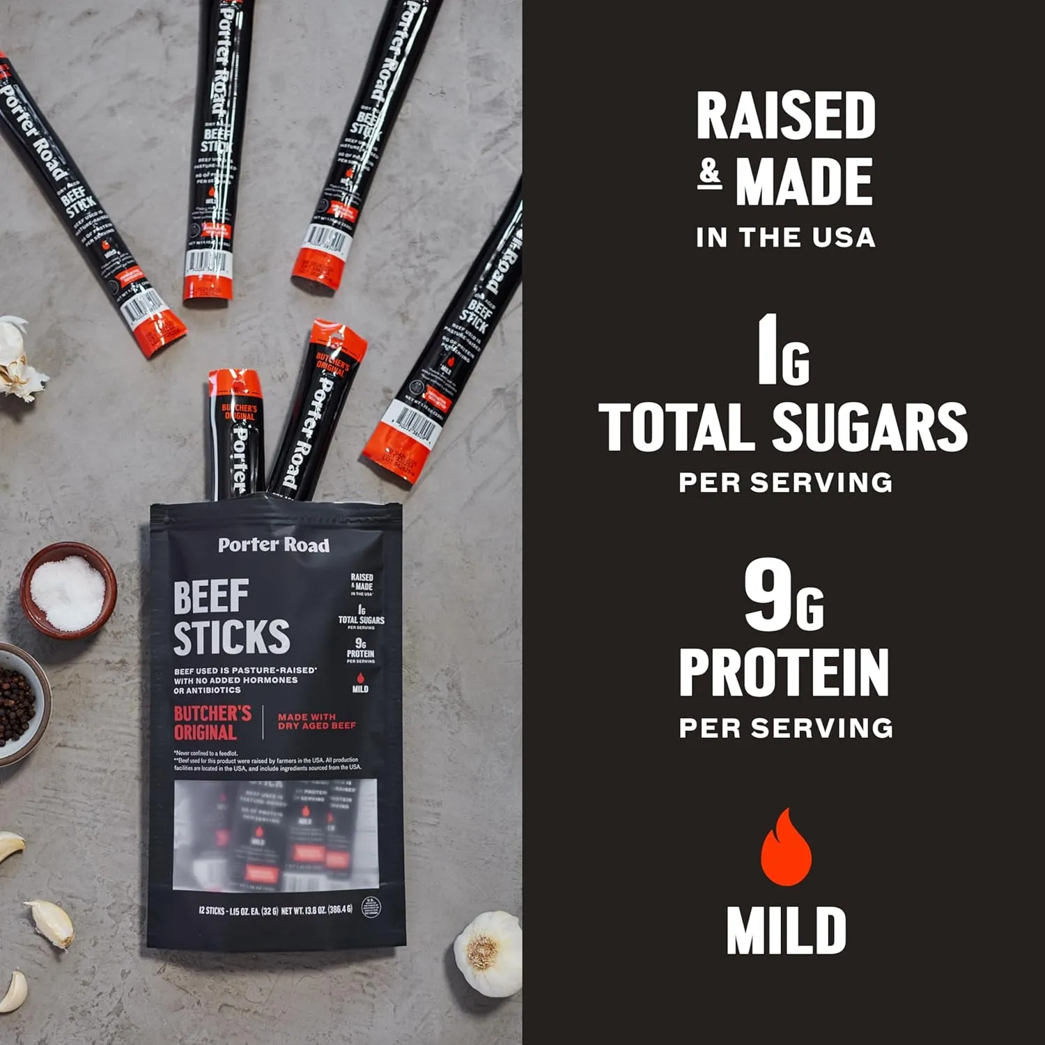 Porter Road Beef Sticks - Butcher's Original Meat Sticks - Dry Aged Beef Jerky Sticks Meat Snack, Pasture Raised In USA, Hormone Free, No Antibiotics, Keto, Paleo, Gluten Free, 9g Lean Protein - 12 Pack