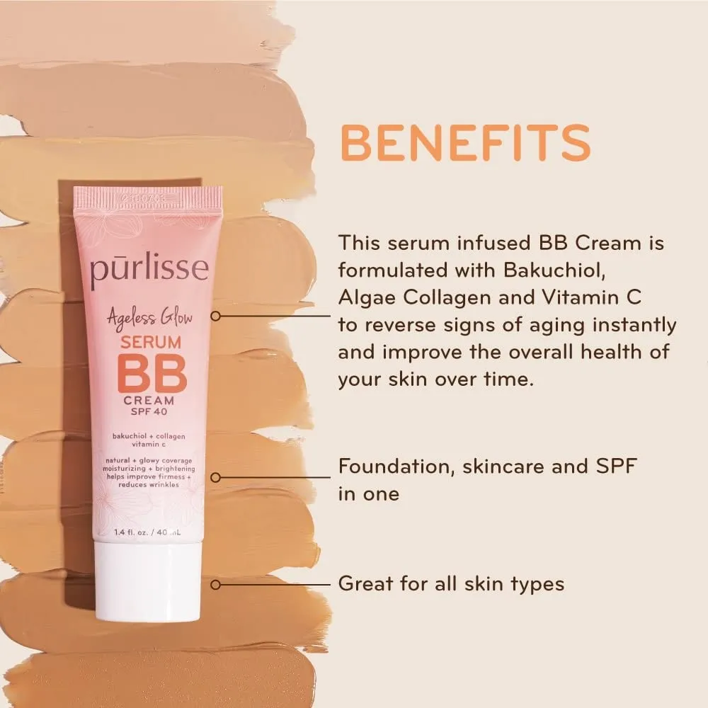 pūrlisse Ageless Glow Serum BB Cream SPF 40 - Glow BB Cream with SPF Enriched with Bakuchiol & Vitamin C to Help Improve Firmness & Reduce Wrinkles for Dewy Skin - Medium (1.4 oz)