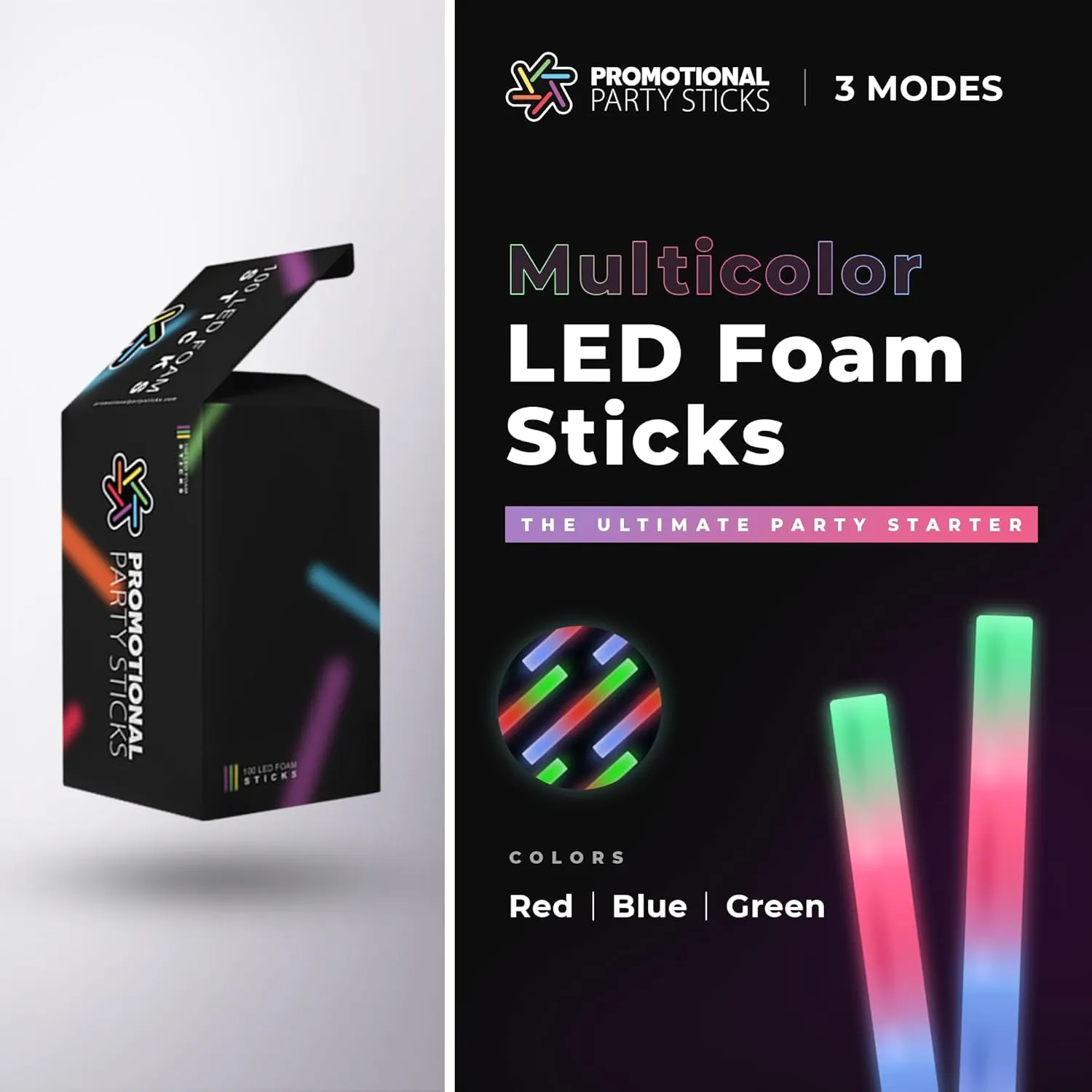 Promotional Party Glow Sticks - 25 Reusable 16" Light Up Sticks with 3 Mode Multicolor Foam Glow Effect for Weddings, Parties & Dancing