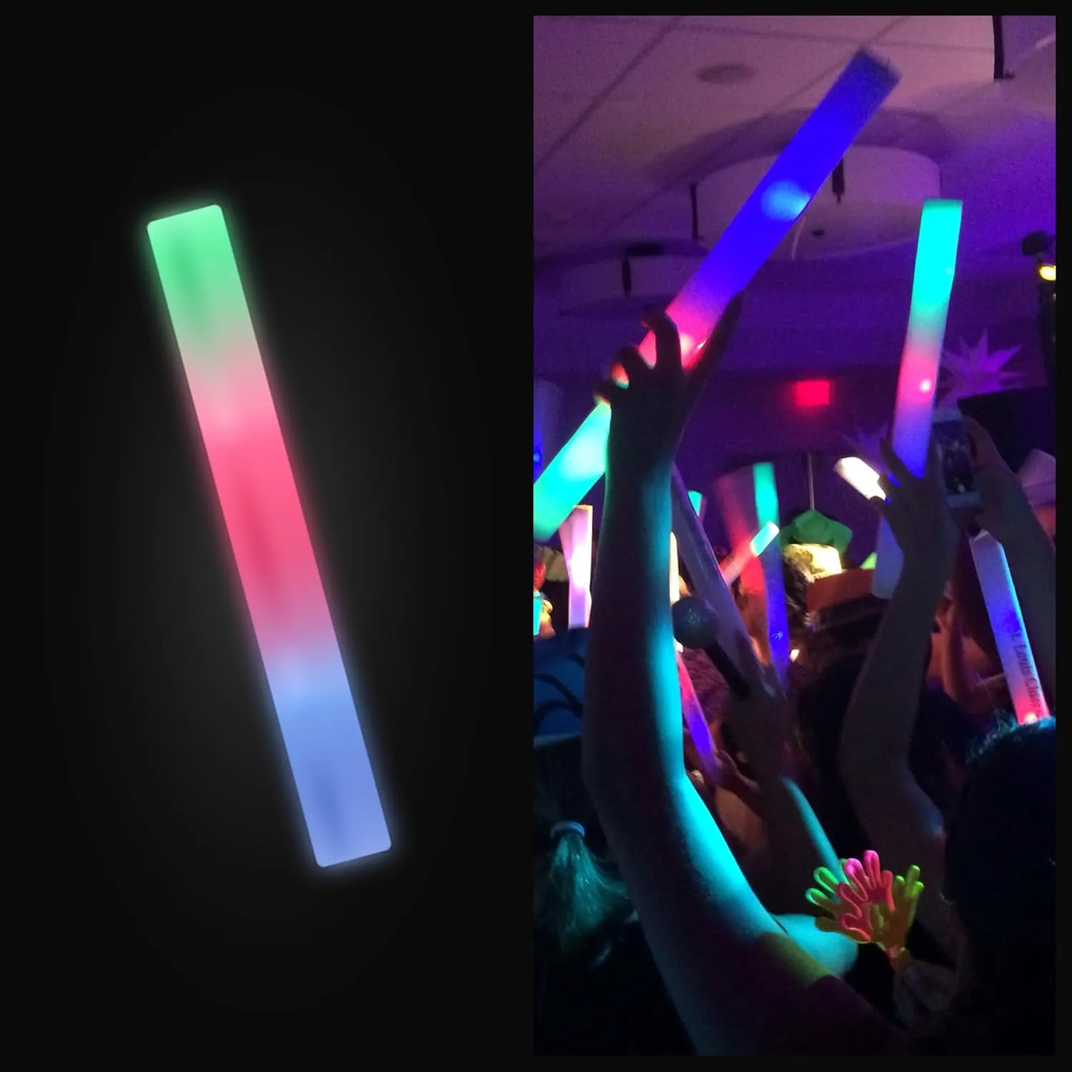 Promotional Party Glow Sticks - 25 Reusable 16" Light Up Sticks with 3 Mode Multicolor Foam Glow Effect for Weddings, Parties & Dancing