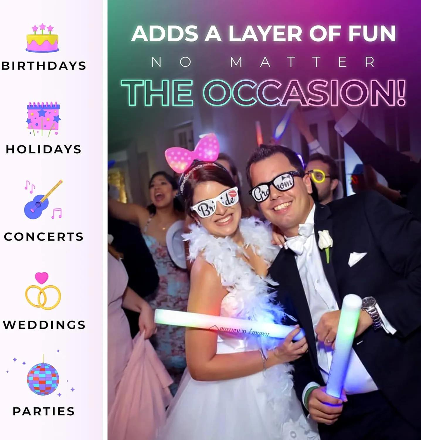 Promotional Party Glow Sticks - 25 Reusable 16" Light Up Sticks with 3 Mode Multicolor Foam Glow Effect for Weddings, Parties & Dancing