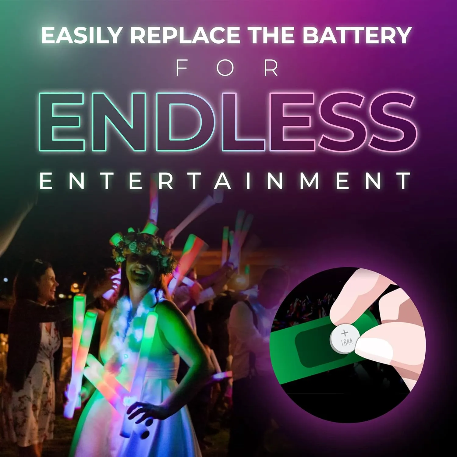 Promotional Party Glow Sticks - 25 Reusable 16" Light Up Sticks with 3 Mode Multicolor Foam Glow Effect for Weddings, Parties & Dancing