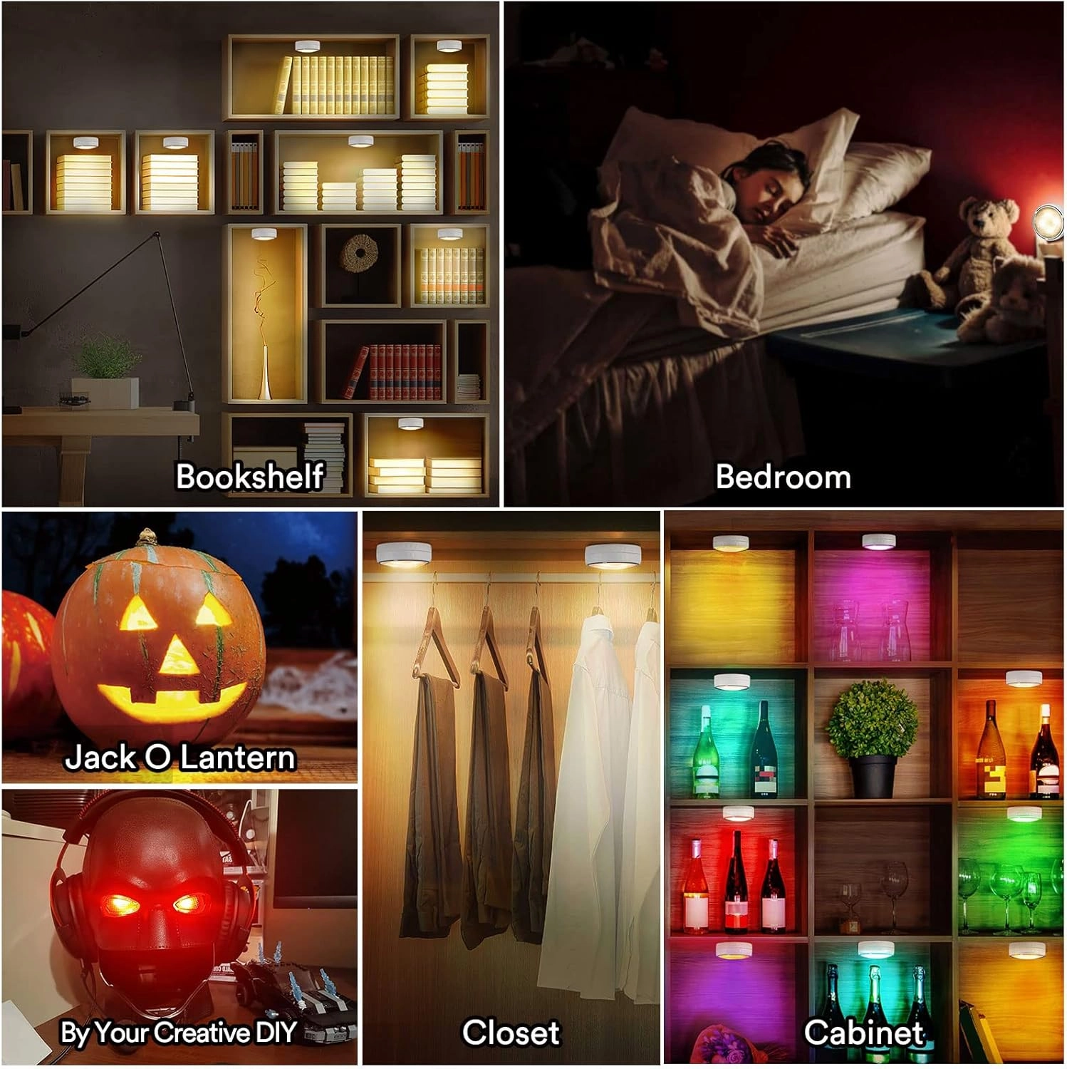 Puck Lights with Remote Control, Battery Operated Wireless Under Cabinet Lighting, Stick on Tap Push Lights for Kitchen, Shelf, 6 Pack - White