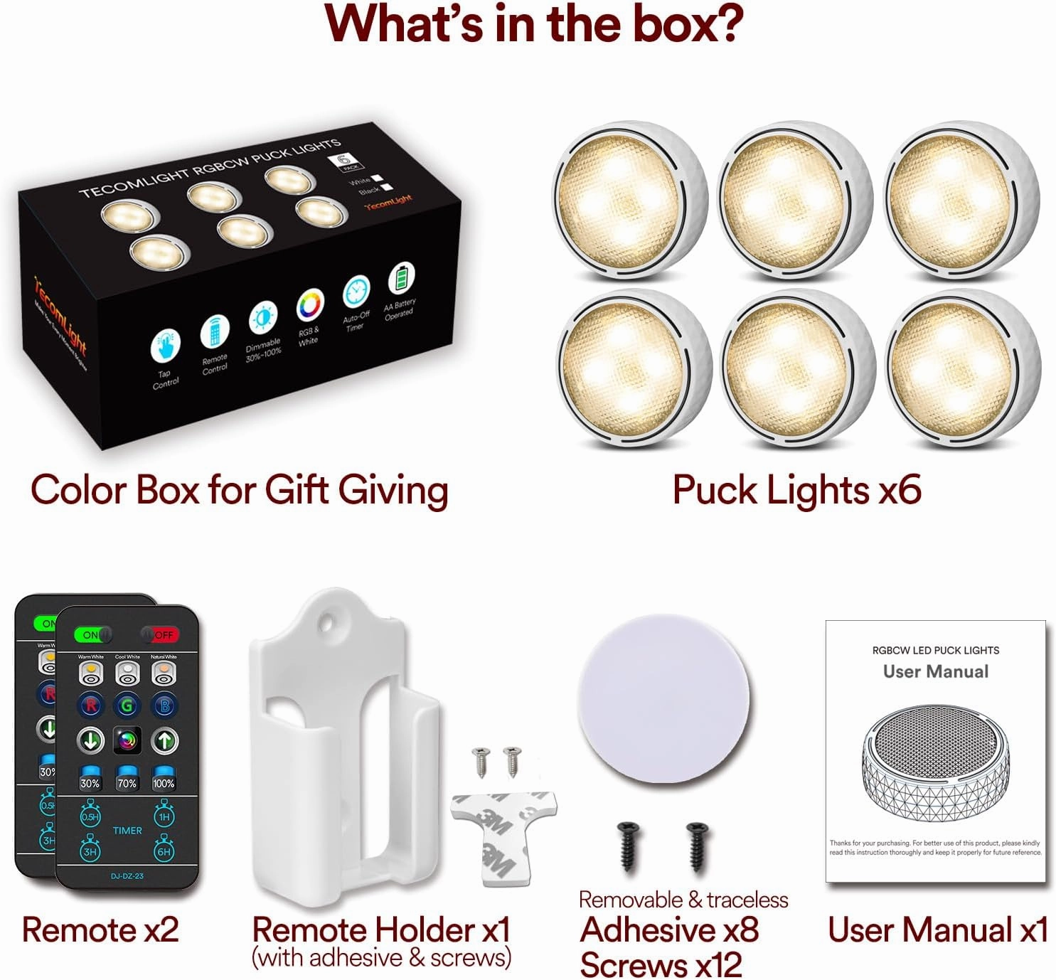 Puck Lights with Remote Control, Battery Operated Wireless Under Cabinet Lighting, Stick on Tap Push Lights for Kitchen, Shelf, 6 Pack - White