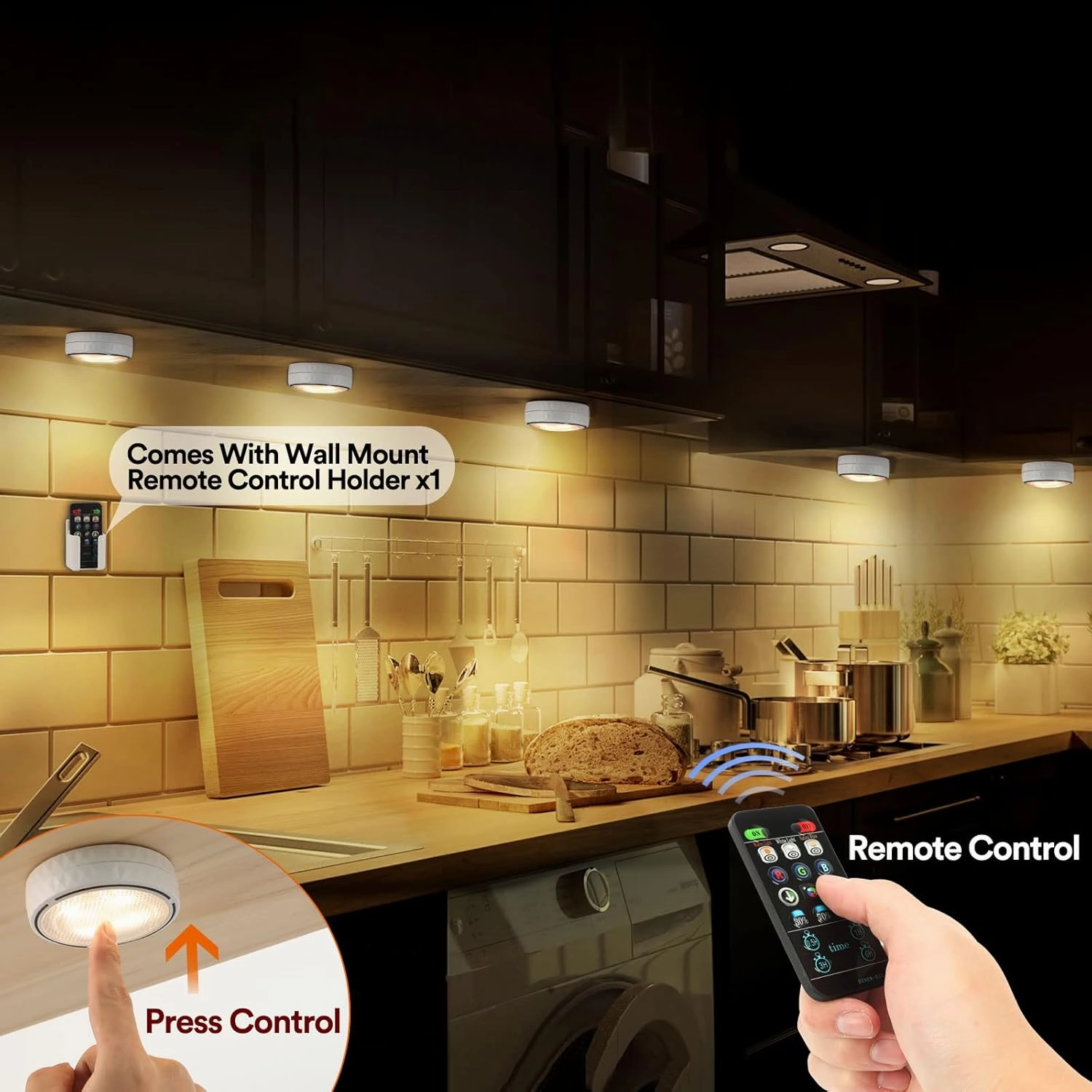 Puck Lights with Remote Control, Battery Operated Wireless Under Cabinet Lighting, Stick on Tap Push Lights for Kitchen, Shelf, 6 Pack - White