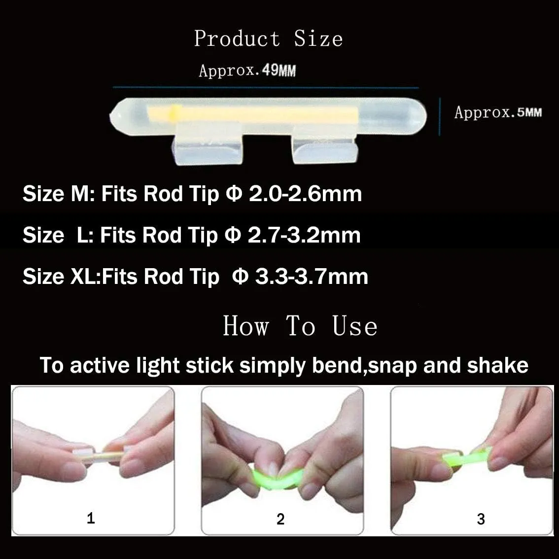 QualyQualy Clip-On Fishing Glow Sticks for Pole, Fishing Rod Tip Light Fishing Pole Light Sticks Bulk Kit 100 Pcs 20 Pcs