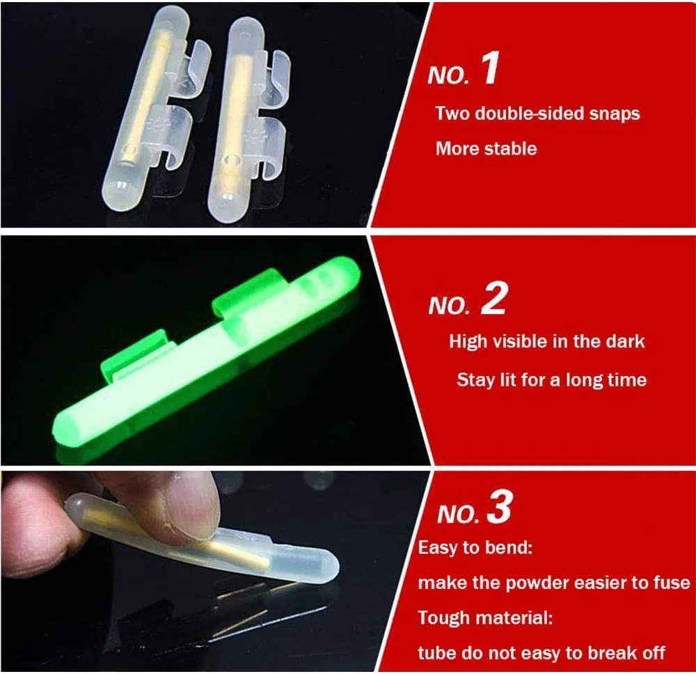 QualyQualy Clip-On Fishing Glow Sticks for Pole, Fishing Rod Tip Light Fishing Pole Light Sticks Bulk Kit 100 Pcs 20 Pcs