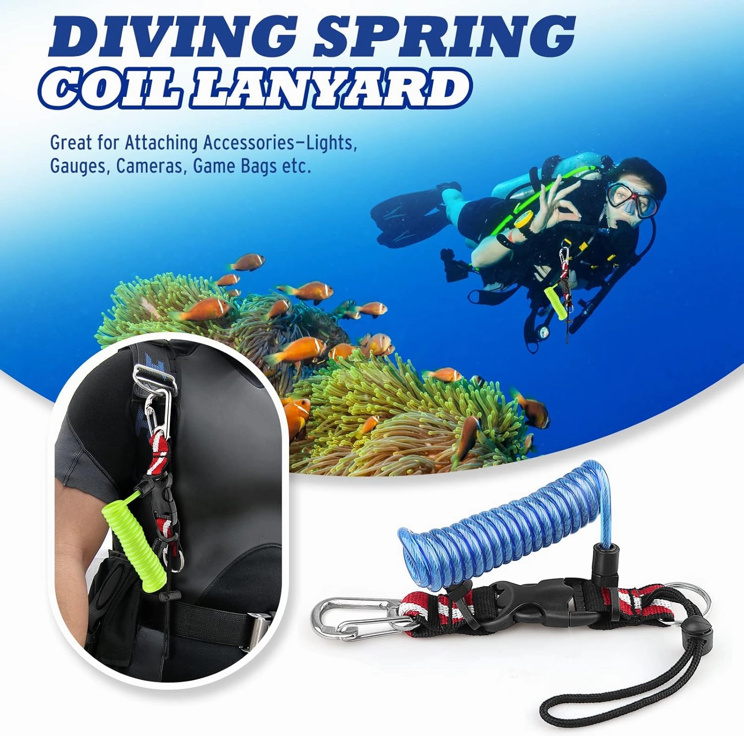 Scuba Diving Lanyard, Heavy Duty Stainless Steel Spring Coiled Lanyard with Quick Release Buckle and Dive Flag Strap
