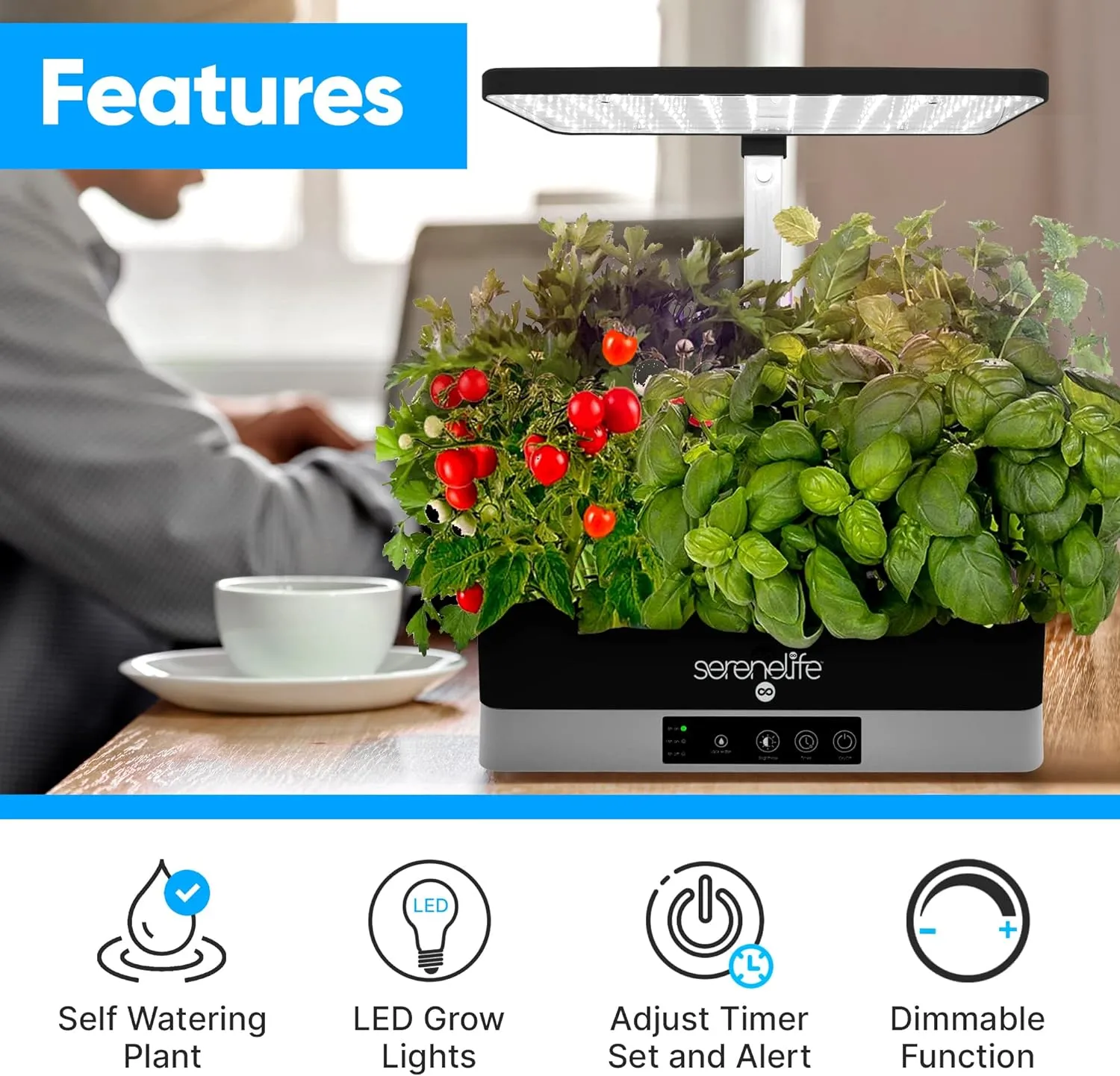 SereneLife Smart Indoor Garden - Hydroponic Herb Garden with 4000K Grow Lights Panel, Control Panel Settings, Water Stick, No Soil, Mess-Free, Height Adjustable, Grows Up to 6 Plants