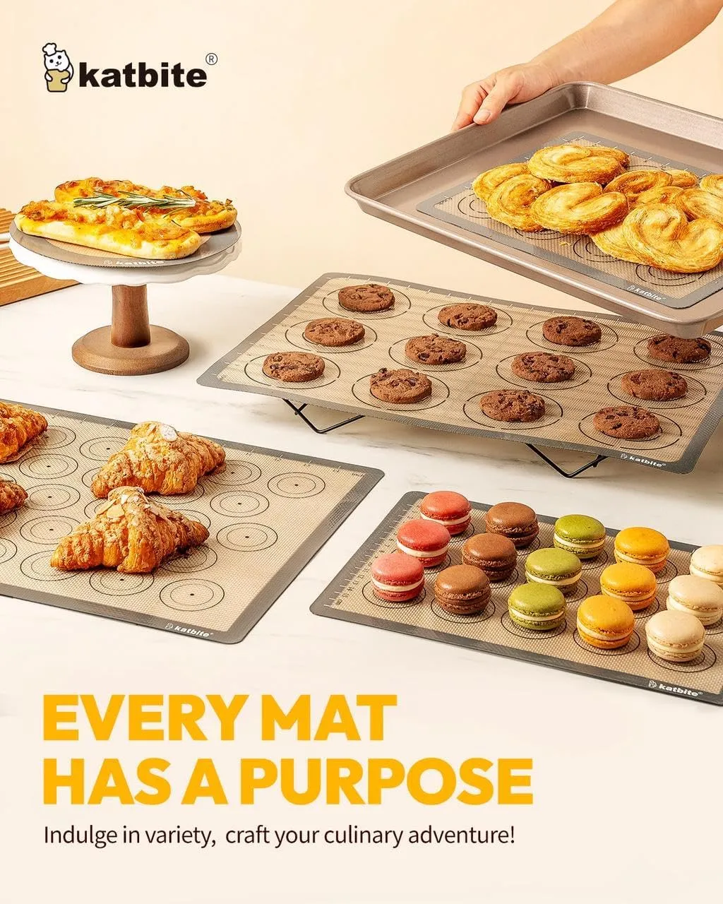 Silicone Baking Mat Set of 5, Katbite Food Grade Non-stick Reusable Cookie Sheet Bakeware Mats for Making Macaron, Cookie, Pizza, Pastry
