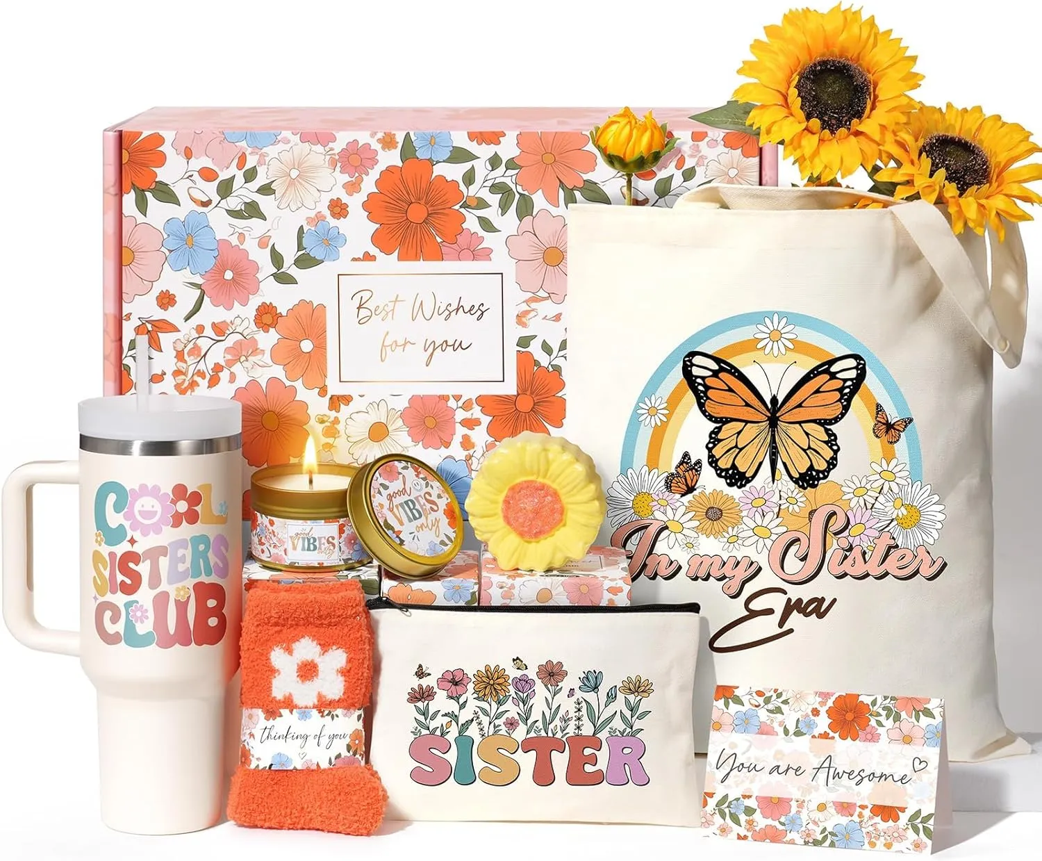 Sisters Gifts from Sister, Birthday Mothers Day Gifts for Little Big Sisters Gift for Sister in Law Thinking of You Gift from Brother, Friends, Bestie, Cool Care Package with 40 OZ Tumbler Makeup Bag