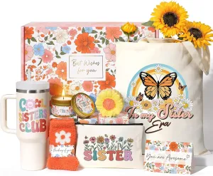 Sisters Gifts from Sister, Birthday Mothers Day Gifts for Little Big Sisters Gift for Sister in Law Thinking of You Gift from Brother, Friends, Bestie, Cool Care Package with 40 OZ Tumbler Makeup Bag
