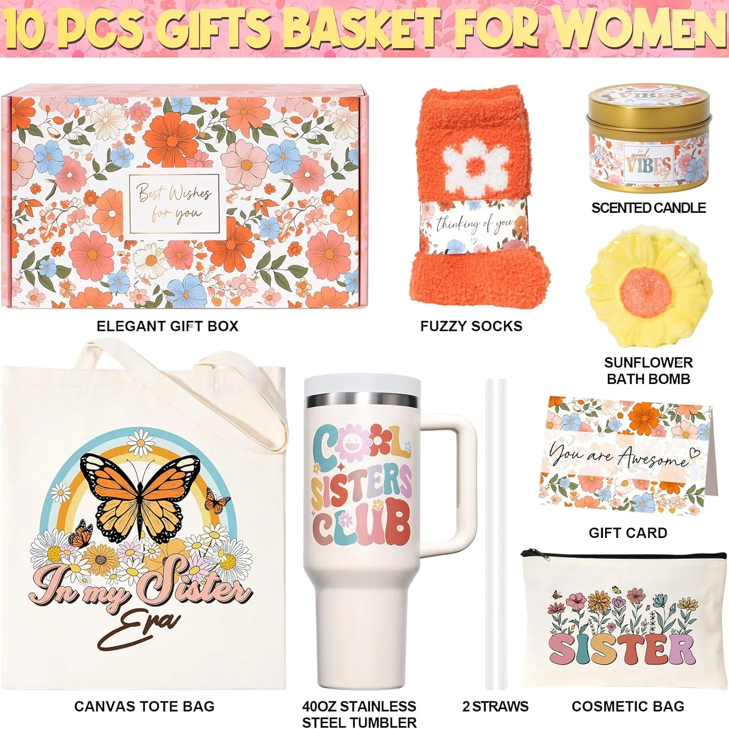 Sisters Gifts from Sister, Birthday Mothers Day Gifts for Little Big Sisters Gift for Sister in Law Thinking of You Gift from Brother, Friends, Bestie, Cool Care Package with 40 OZ Tumbler Makeup Bag