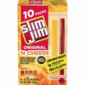 Slim Jim Beef 'N Cheese Smoked Meat Sticks, Original Flavor, 5g Protein Per Serving, Snack Size, 0.9 oz. (10 Count)