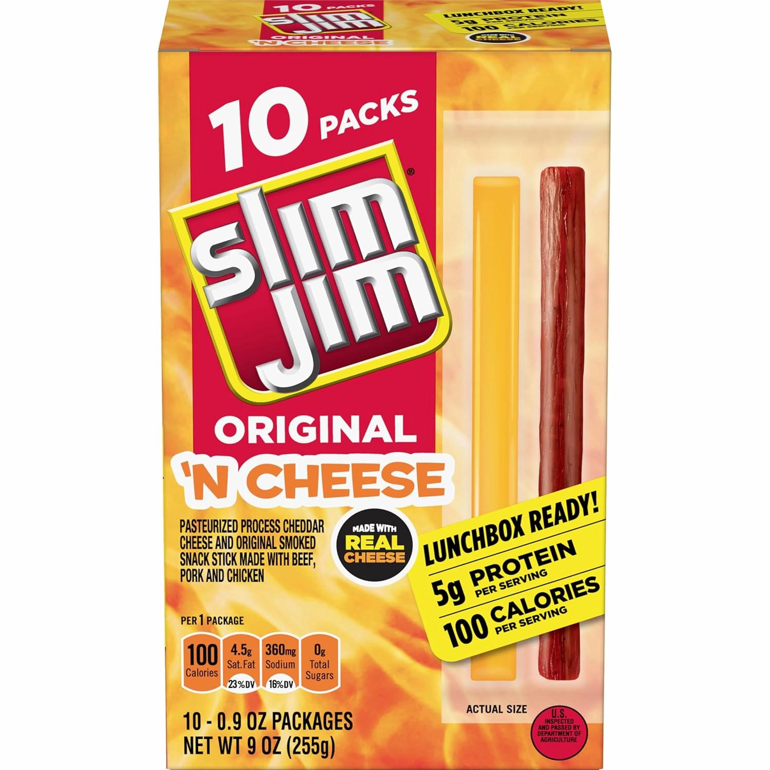 Slim Jim Beef 'N Cheese Smoked Meat Sticks, Original Flavor, 5g Protein Per Serving, Snack Size, 0.9 oz. (10 Count)