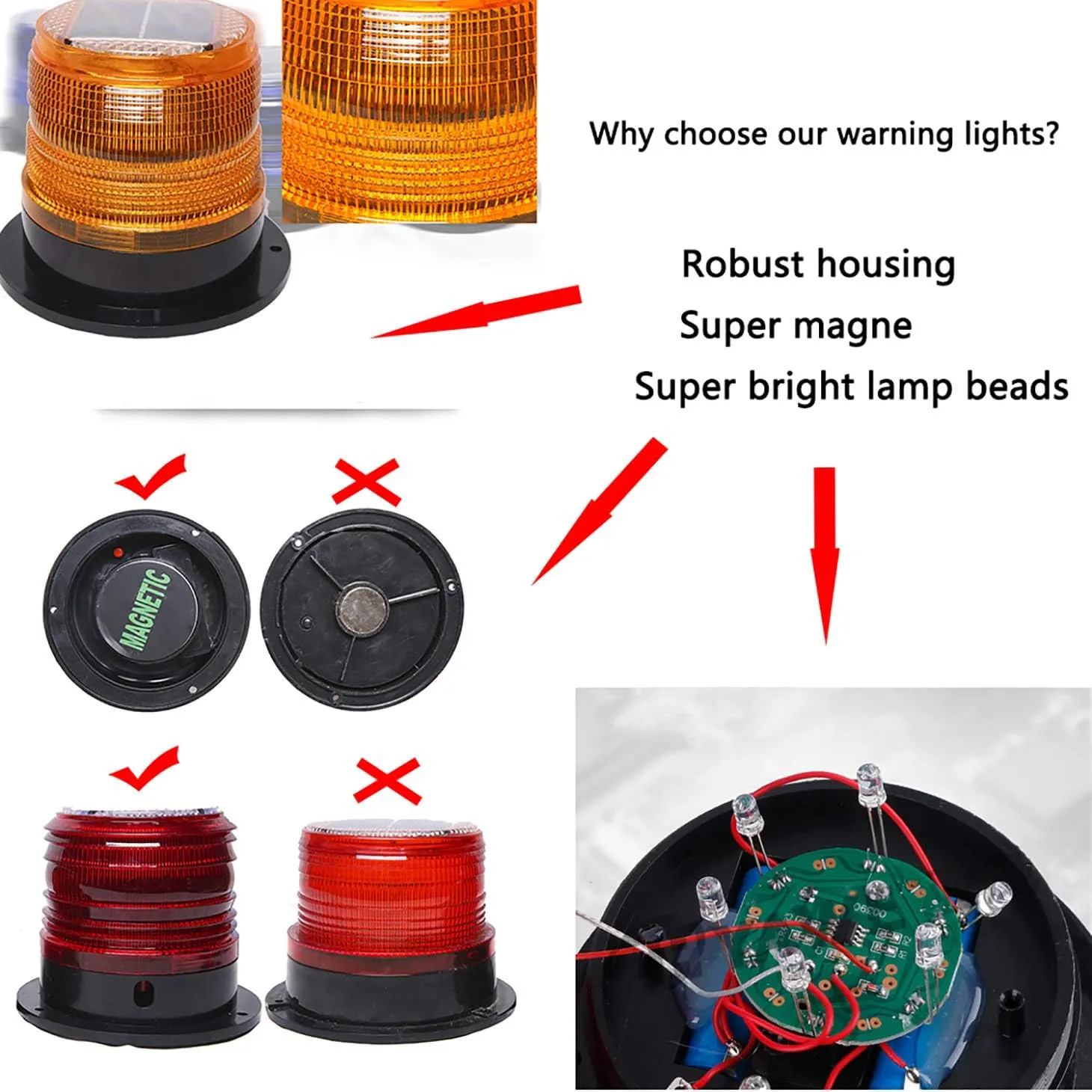 Solar Strobe Warning Safety Flashing Light/Ceiling Strobe Light, with Strong Magnetic Base Waterproof for Construction, Traffic, Factory, Crane Tower, Boat Navigation (Red)