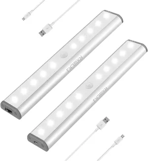 Stick-on Anywhere Portable Little Light Wireless LED Under Cabinet Lights 10-LED Motion Sensor Activated Night Light Build in Rechargeable Battery Magnetic Tap Lights for Closet, Cabinet