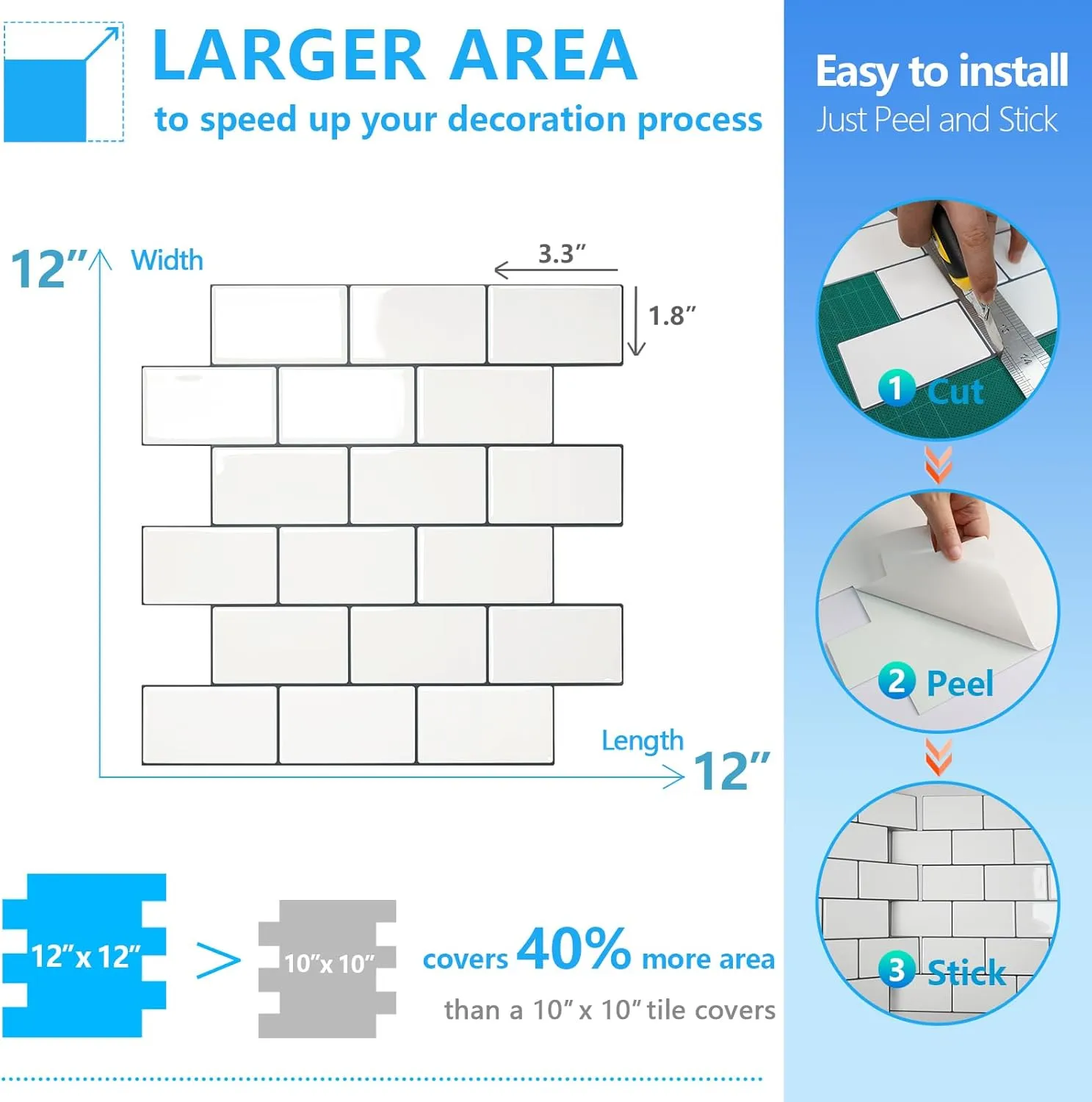 STICKGOO 10-Sheet White Subway Tiles Peel and Stick Backsplash, Stick on Tiles Kitchen Backsplash (Thicker Design)