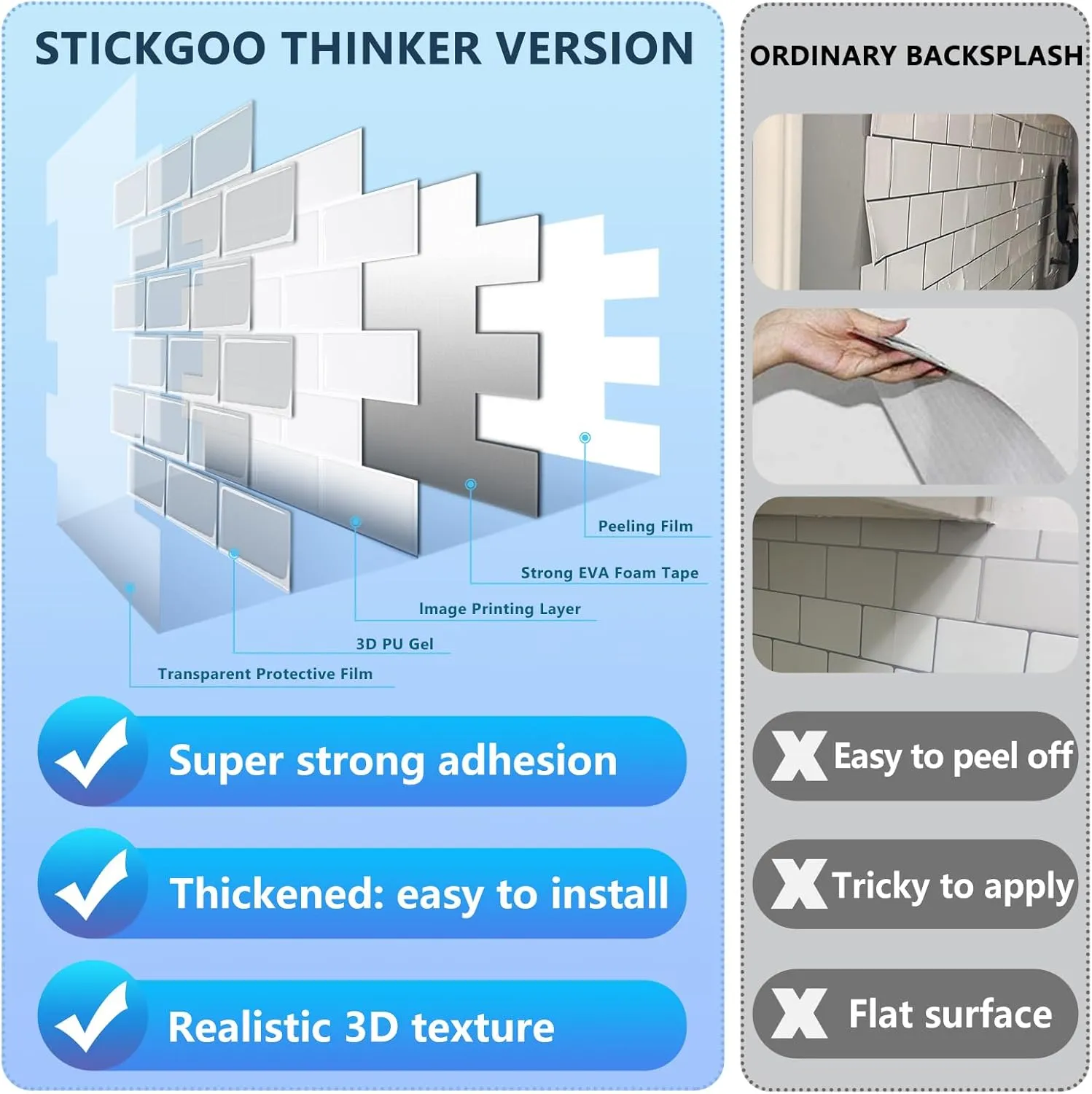 STICKGOO 10-Sheet White Subway Tiles Peel and Stick Backsplash, Stick on Tiles Kitchen Backsplash (Thicker Design)
