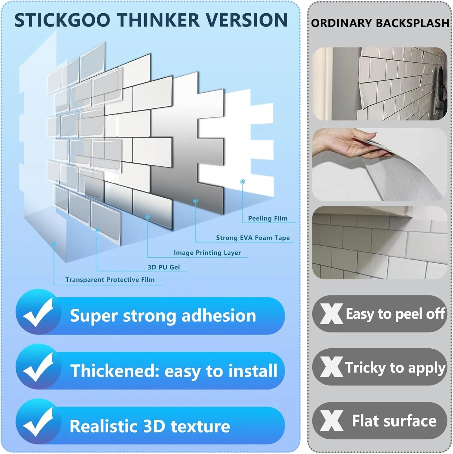 STICKGOO 10-Sheet White Subway Tiles Peel and Stick Backsplash, Stick on Tiles Kitchen Backsplash (Thicker Design)