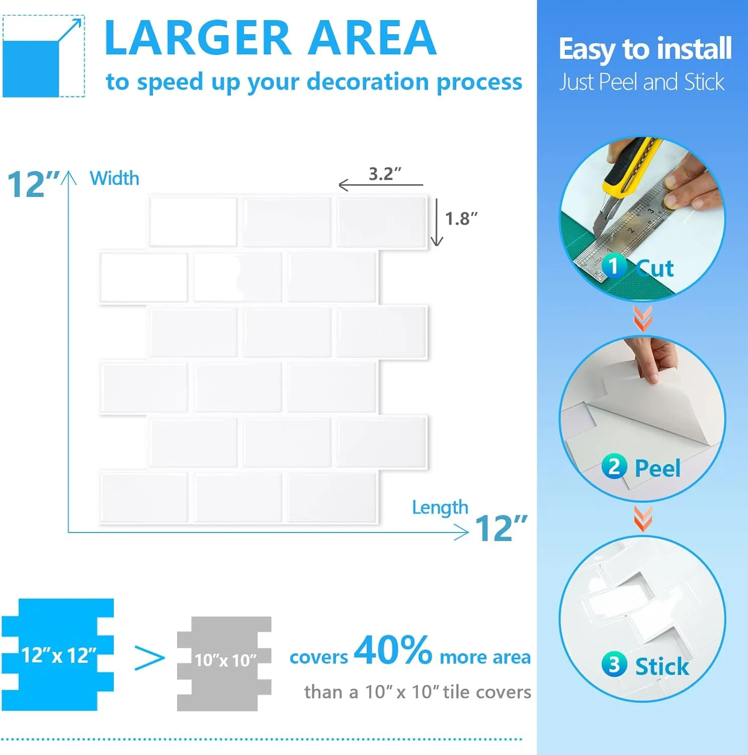 STICKGOO 10-Sheet White Subway Tiles Peel and Stick Backsplash, Stick on Tiles Kitchen Backsplash (Thicker Design)