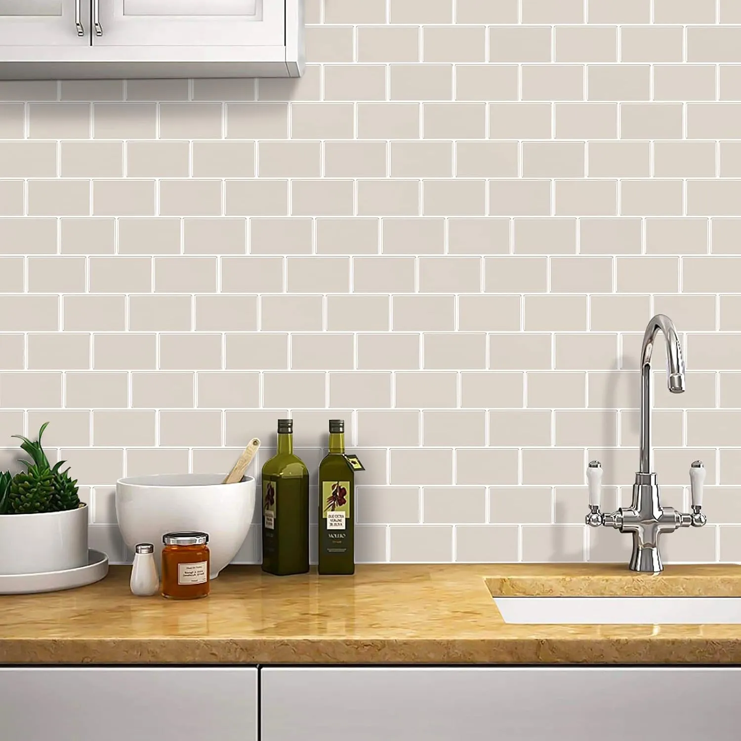 Subway Tile Peel and Stick Tile, Premium Beige 3D Self-Adhesive Backsplash, Stick on Tiles for Kitchen & Bathroom (10 Tiles, 12" X 12")