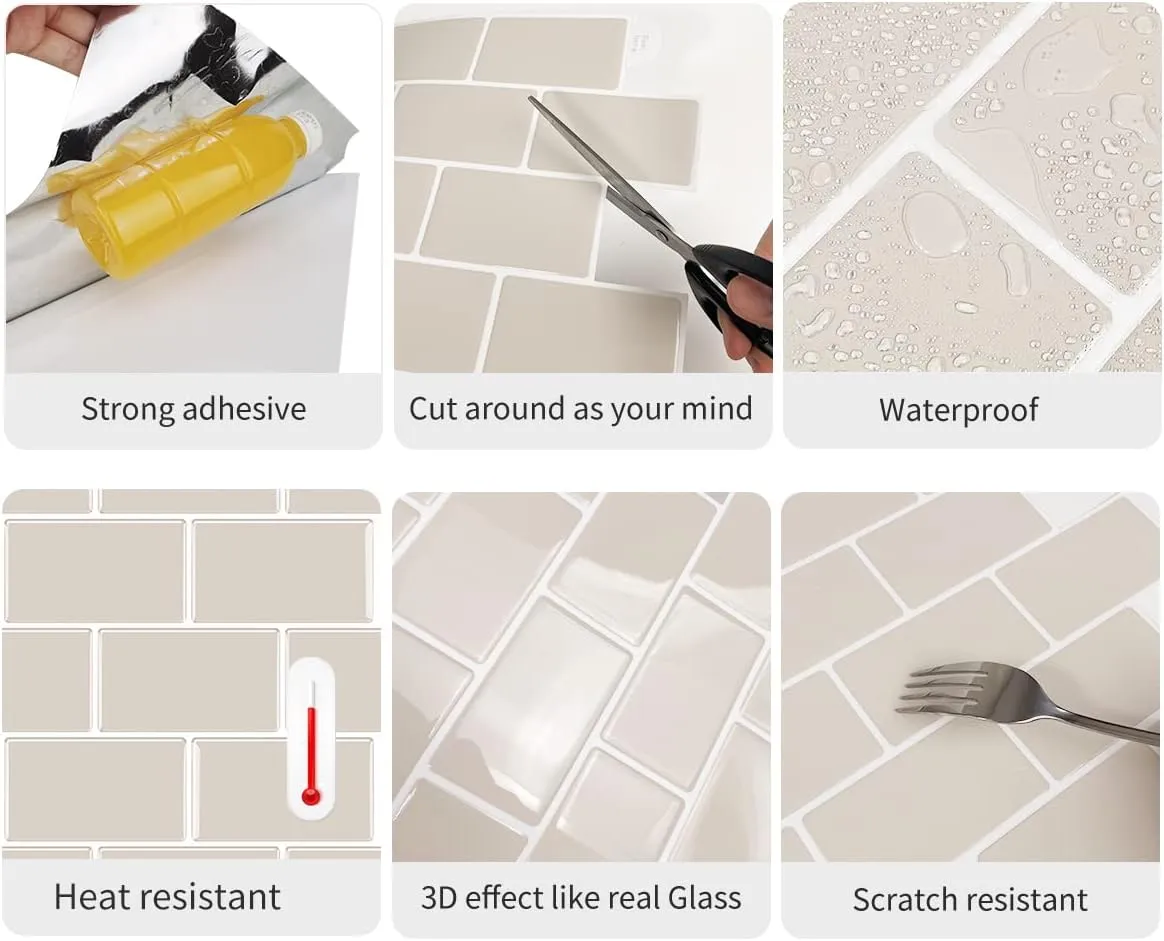 Subway Tile Peel and Stick Tile, Premium Beige 3D Self-Adhesive Backsplash, Stick on Tiles for Kitchen & Bathroom (10 Tiles, 12" X 12")