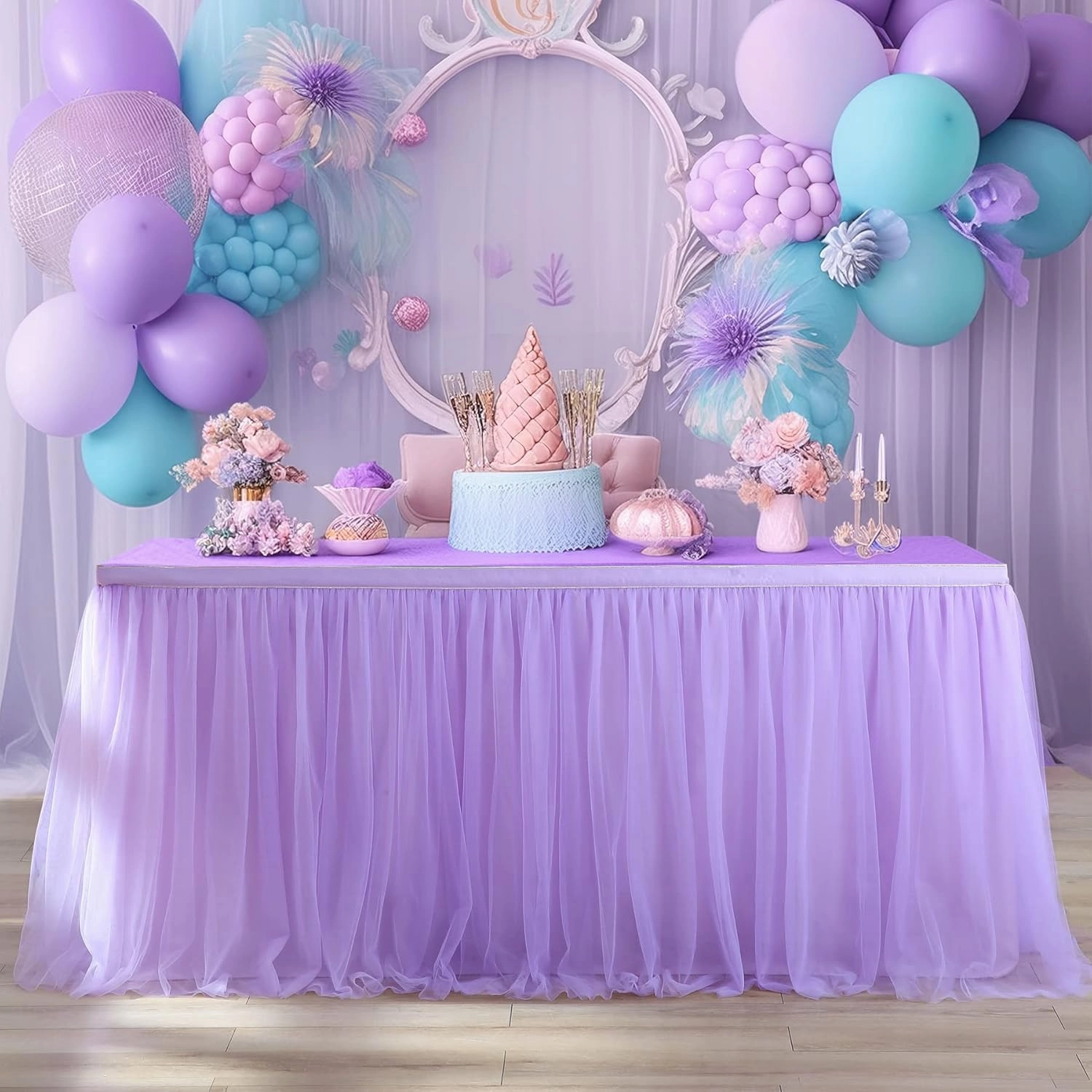 Suppromo 2 Pack 6ft Lavender Table Skirts for Rectangle Tables or Round Tables Lavender Ruffle Tulle Tutu Tablecloth for Girls Baby Shower Birthday Party Wedding Cake Dessert Table Decorations