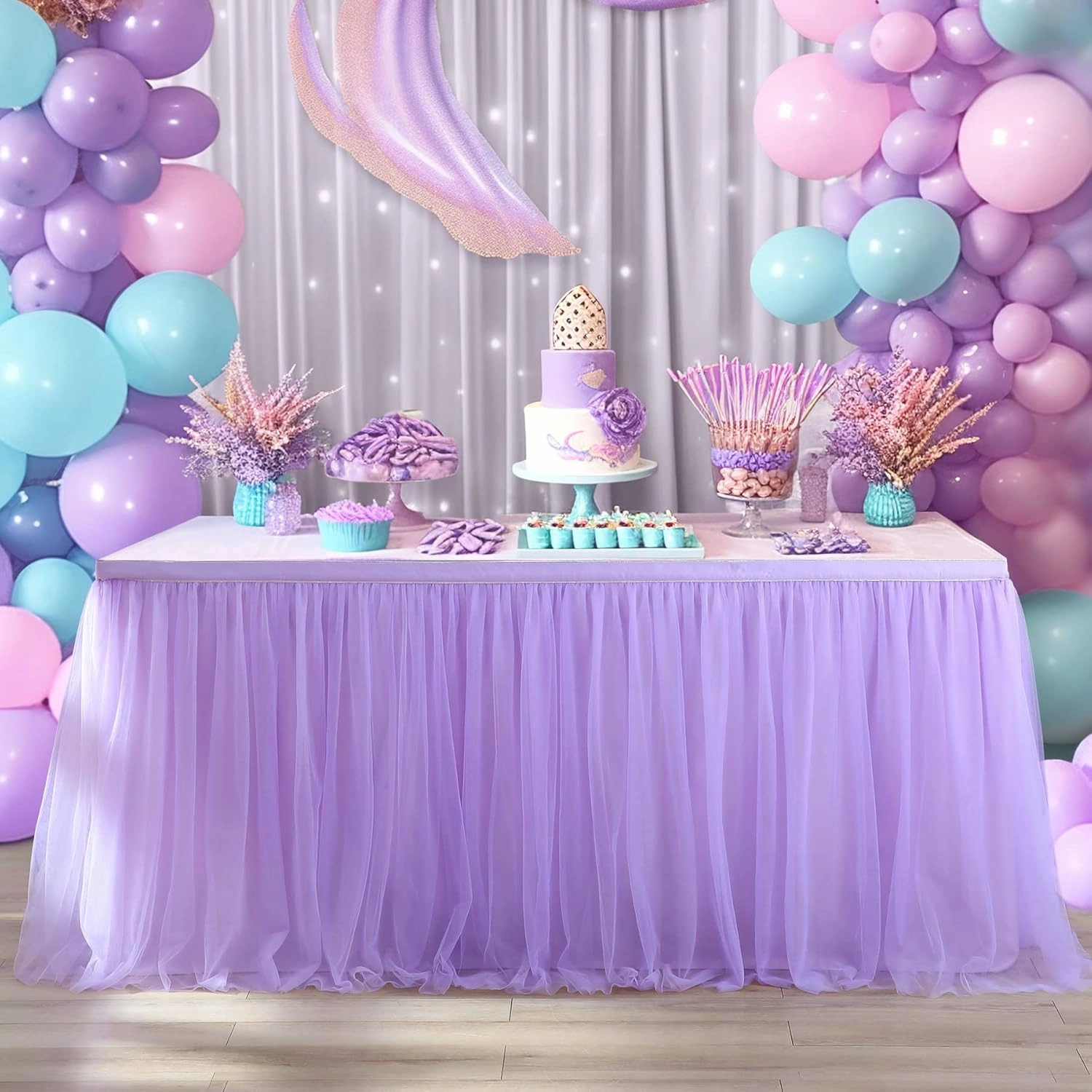 Suppromo 2 Pack 6ft Lavender Table Skirts for Rectangle Tables or Round Tables Lavender Ruffle Tulle Tutu Tablecloth for Girls Baby Shower Birthday Party Wedding Cake Dessert Table Decorations