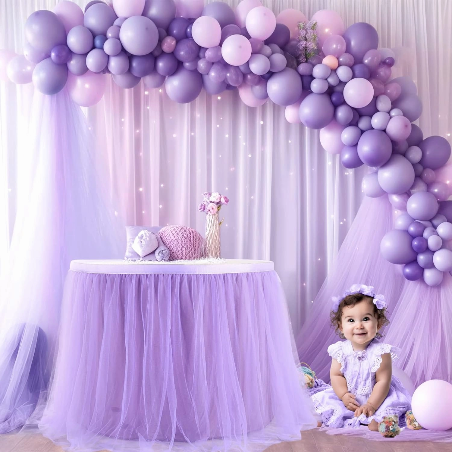 Suppromo 2 Pack 6ft Lavender Table Skirts for Rectangle Tables or Round Tables Lavender Ruffle Tulle Tutu Tablecloth for Girls Baby Shower Birthday Party Wedding Cake Dessert Table Decorations