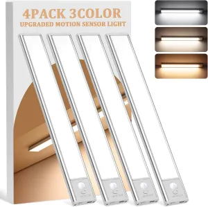 Under Cabinet Lighting Wireless, 4Pack Motion Sensor Light Indoor with 3 Color Temps, Dimmable Closet Lights Battery Operated, LED Magnetic Light, Rechargeable Under Counter Lights for Kitchen Home
