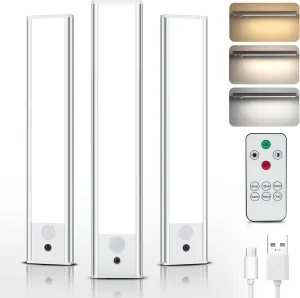 Under Cabinet Lights Motion Sensor 3 Color Temperatures LED Closet Light, USB-C Rechargeable Under Counter Lights Night Light for Kitchen, Wardrobe (Silver - 3 Color Remote, 8.07 Inch - 3 Pack)