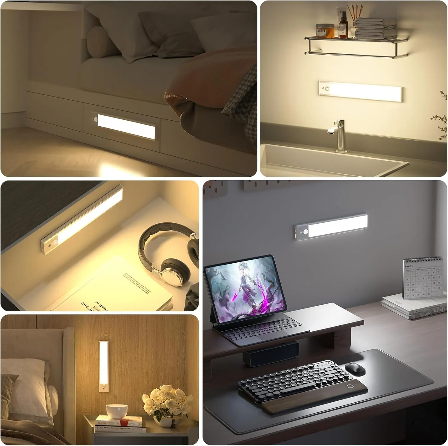 Under Cabinet Lights Motion Sensor 3 Color Temperatures LED Closet Light, USB-C Rechargeable Under Counter Lights Night Light for Kitchen, Wardrobe (Silver - 3 Color Remote, 8.07 Inch - 3 Pack)