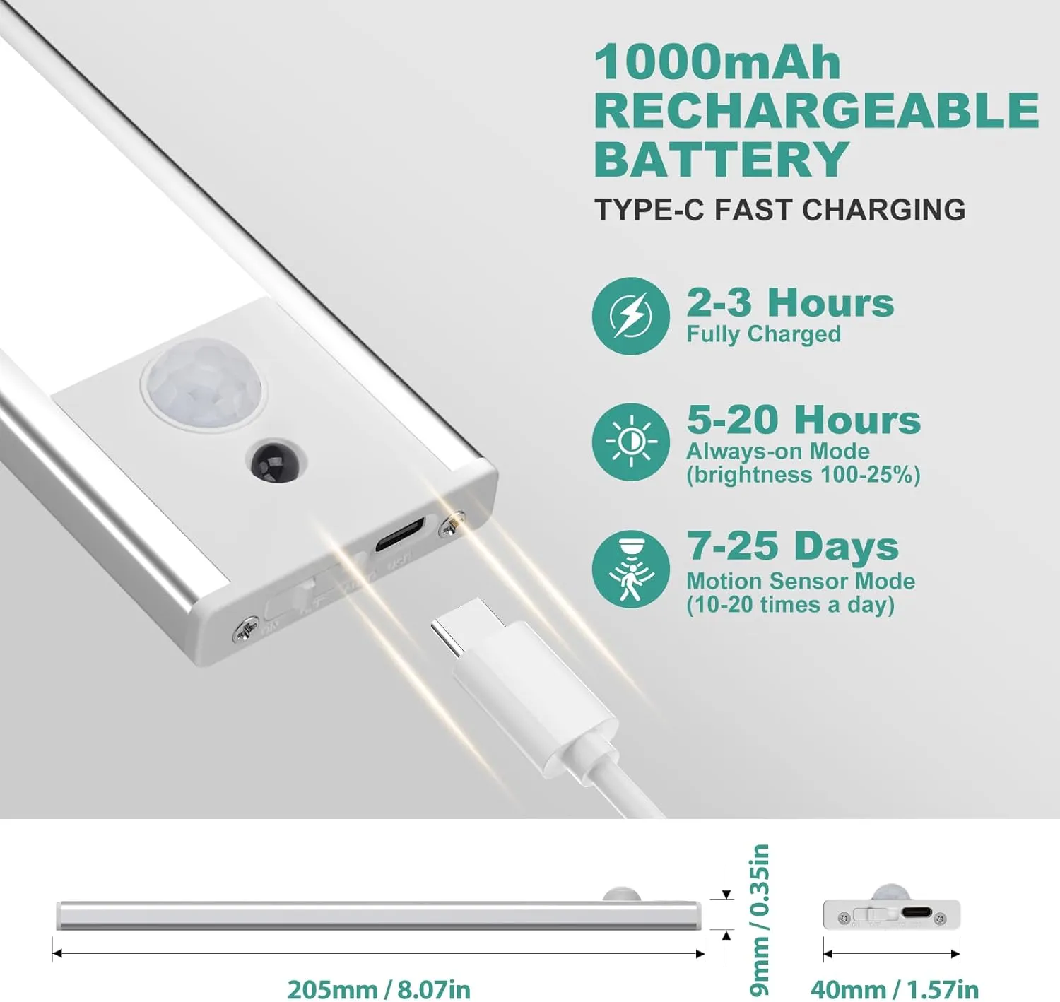 Under Cabinet Lights Motion Sensor 3 Color Temperatures LED Closet Light, USB-C Rechargeable Under Counter Lights Night Light for Kitchen, Wardrobe (Silver - 3 Color Remote, 8.07 Inch - 3 Pack)