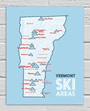 Vermont Ski Resorts Map 11x14 Print (White & Light Blue)