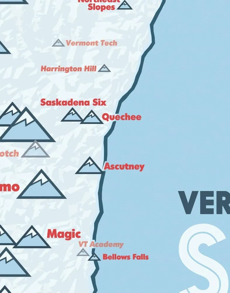 Vermont Ski Resorts Map 11x14 Print (White & Light Blue)