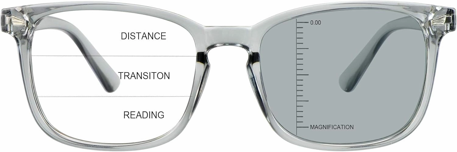 Vintage Square Progressive Multifocal Presbyopic Glasses, Photochromic Gray Sunglasses for Men Women Readers ( 0.00/ 1.00 Magnification)