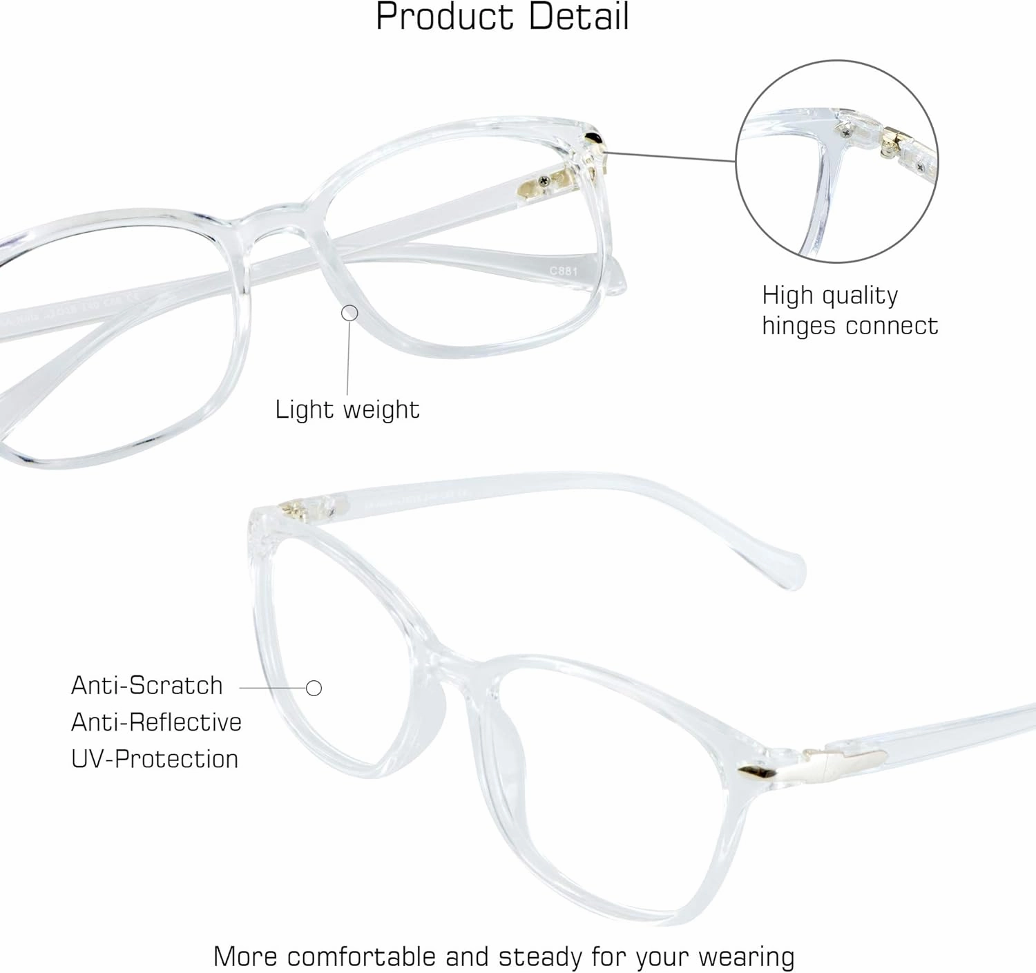 VisionGlobal Blue Light Blocking Glasses for Women, Anti Eyestrain, Computer Reading, TV Glasses, Stylish Square Frame, Anti Glare(Clear, 0.25 Magnification)