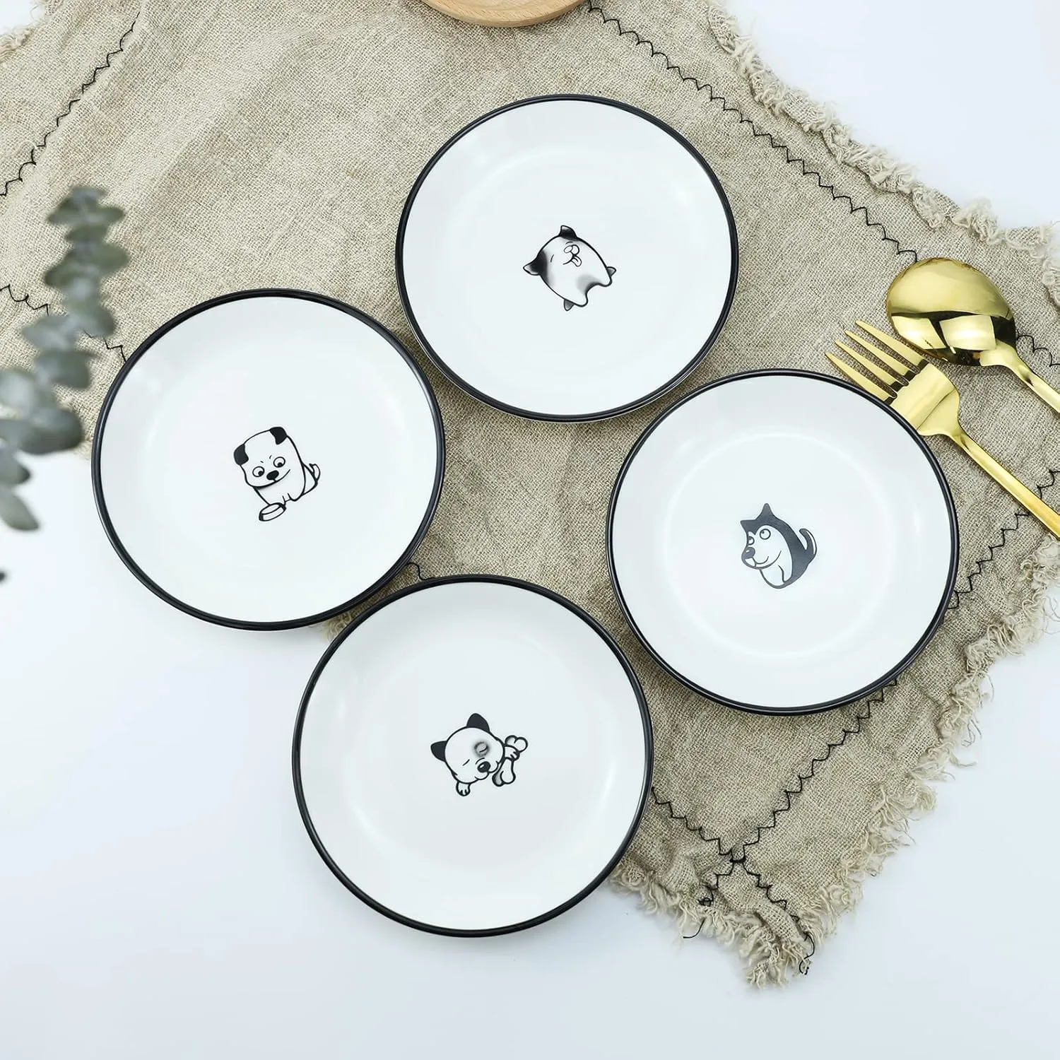 WAIT FLY 5 Inches Funny Dog and Cat Pattern with Brush Strokes Ceramics Seasoning Dishes/Tea Bag Holders/Ketchup Saucer/Appetizer Plates/Seasoning Dipping Bowls, Set of 4