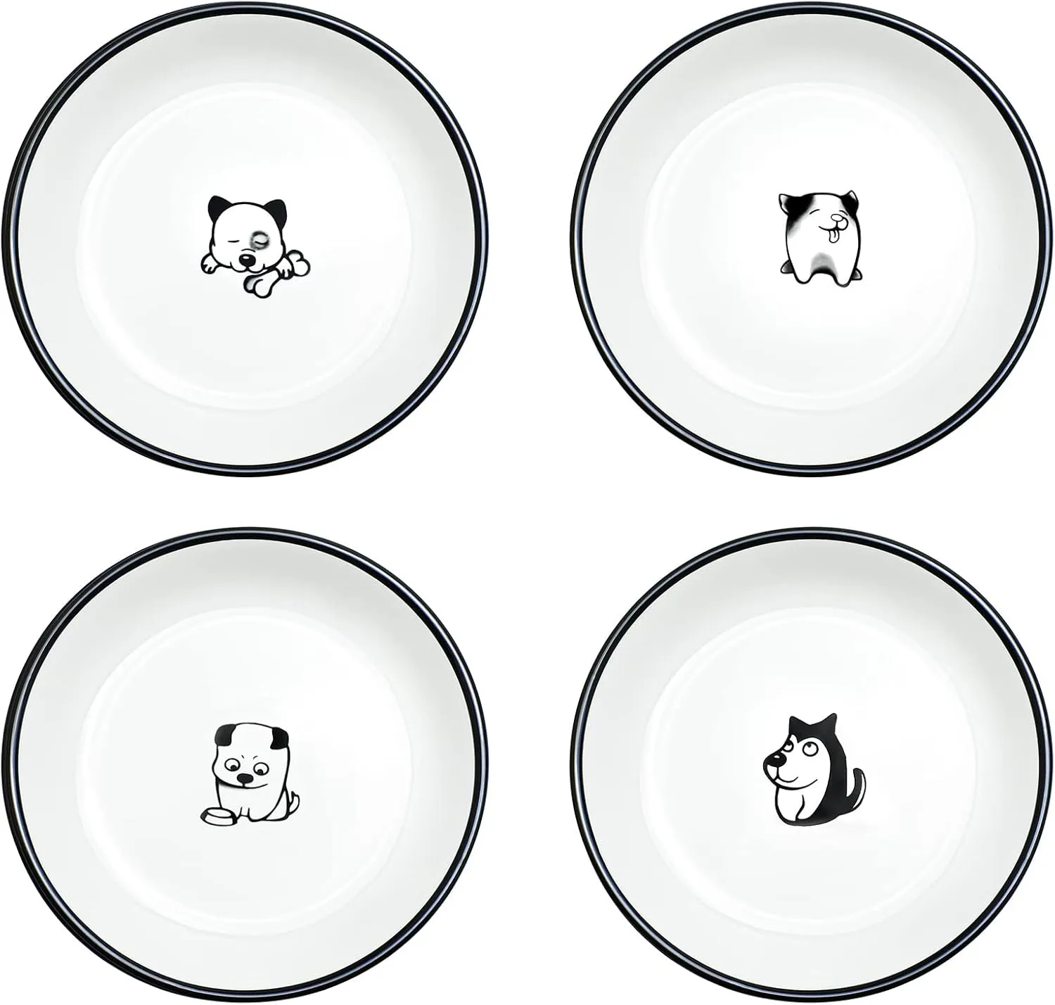 WAIT FLY 5 Inches Funny Dog and Cat Pattern with Brush Strokes Ceramics Seasoning Dishes/Tea Bag Holders/Ketchup Saucer/Appetizer Plates/Seasoning Dipping Bowls, Set of 4