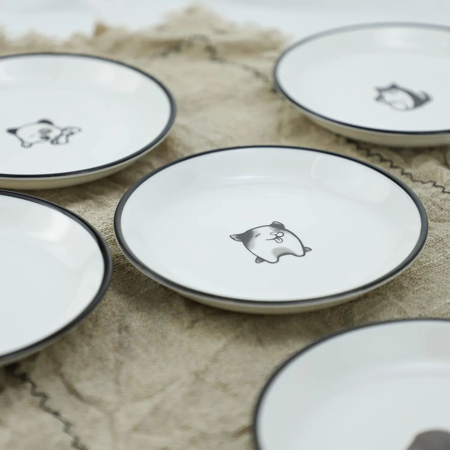 WAIT FLY 5 Inches Funny Dog and Cat Pattern with Brush Strokes Ceramics Seasoning Dishes/Tea Bag Holders/Ketchup Saucer/Appetizer Plates/Seasoning Dipping Bowls, Set of 4