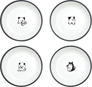 WAIT FLY 5 Inches Funny Dog and Cat Pattern with Brush Strokes Ceramics Seasoning Dishes/Tea Bag Holders/Ketchup Saucer/Appetizer Plates/Seasoning Dipping Bowls, Set of 4