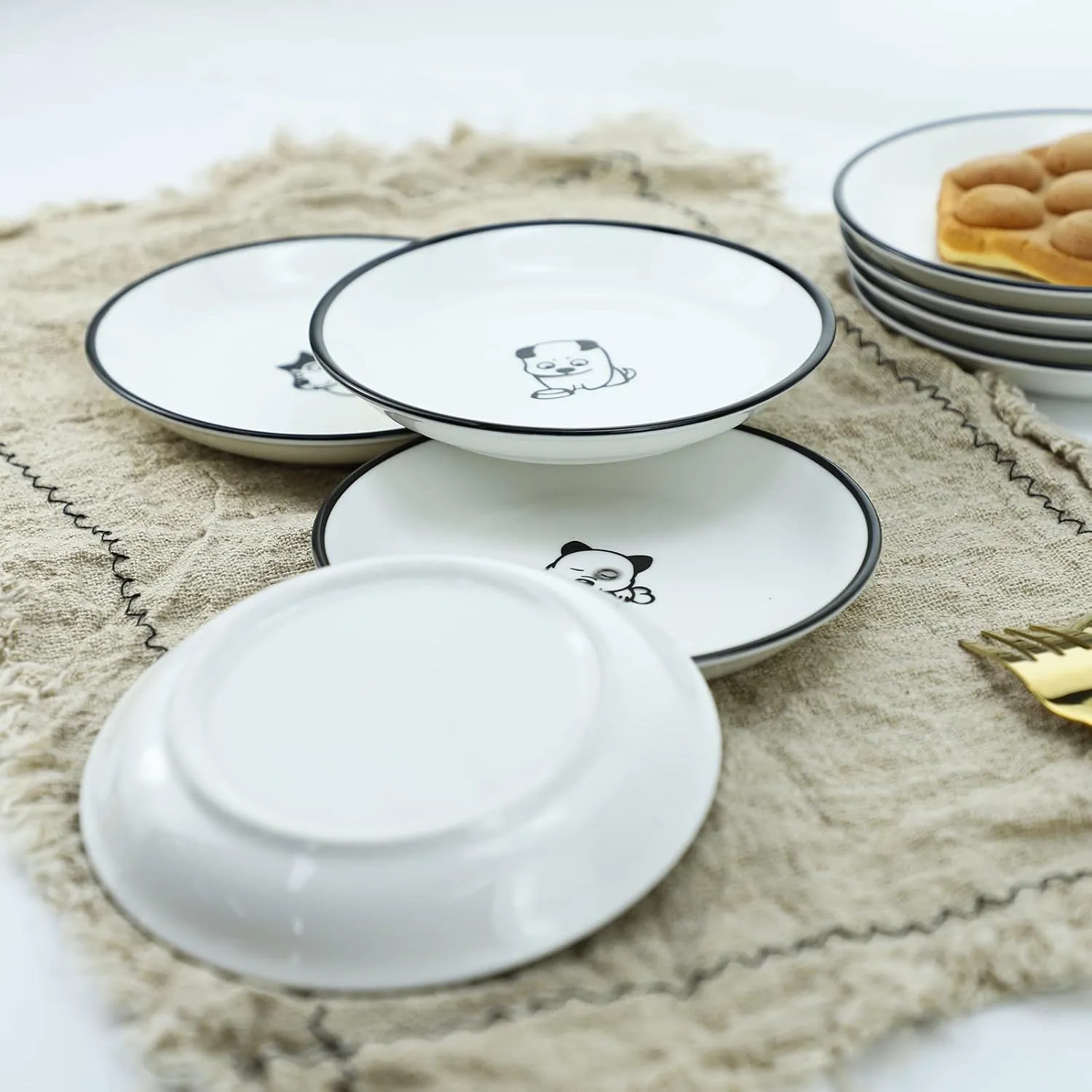 WAIT FLY 5 Inches Funny Dog and Cat Pattern with Brush Strokes Ceramics Seasoning Dishes/Tea Bag Holders/Ketchup Saucer/Appetizer Plates/Seasoning Dipping Bowls, Set of 4